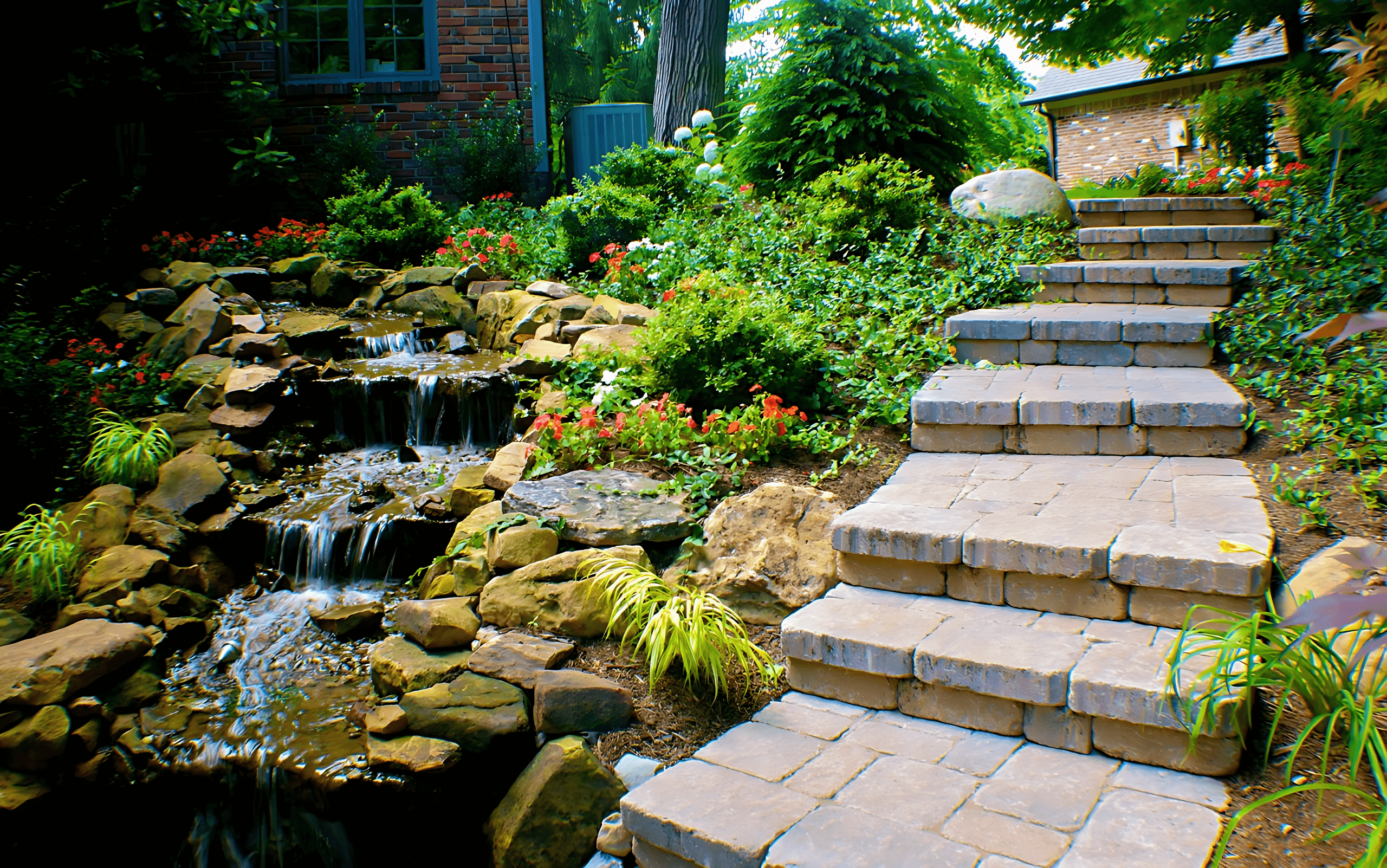 Stone steps beside a landscaped garden with a small waterfall and pond, surrounded by rocks, green plants, and flowers.