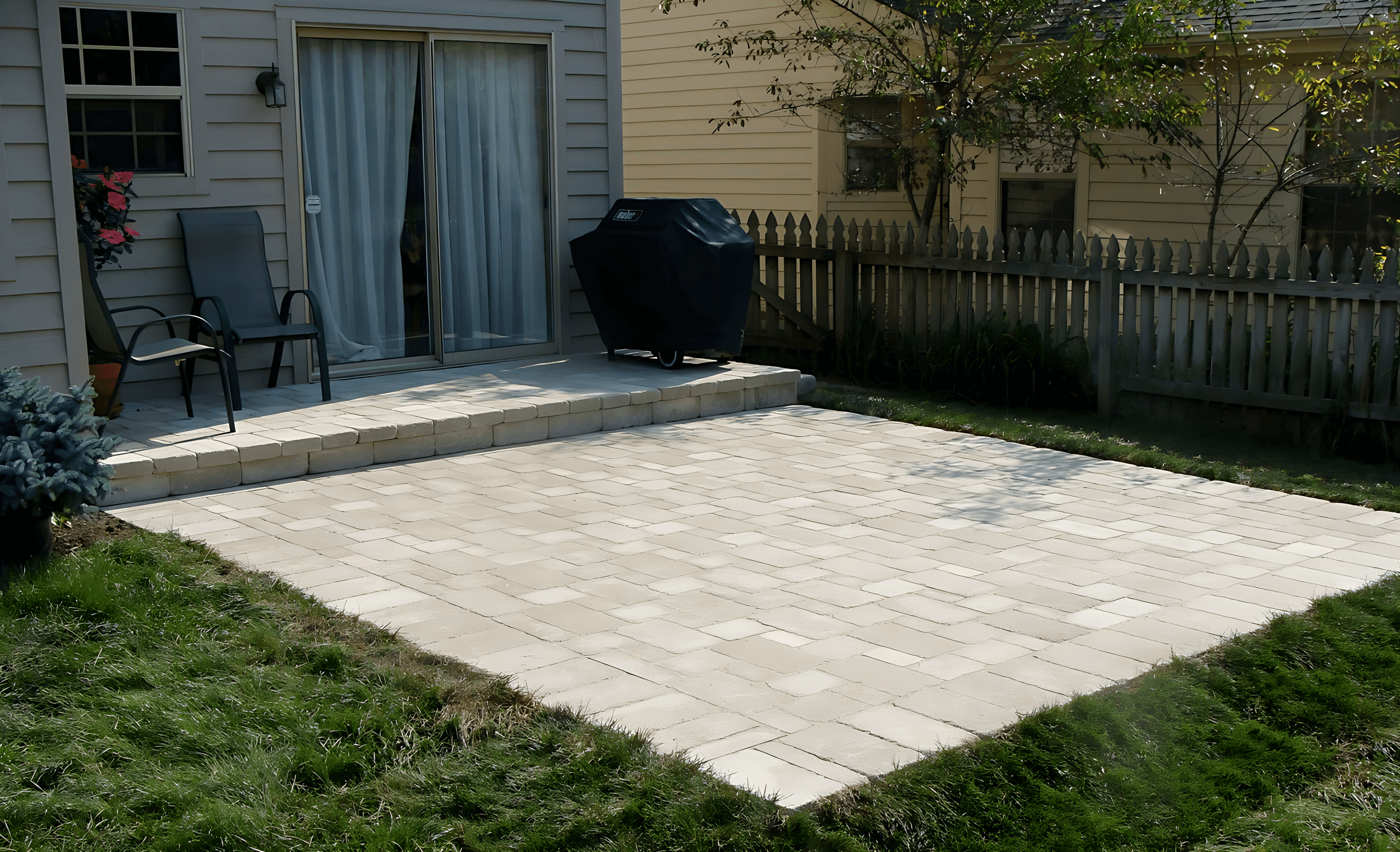 Concrete patio with grill and chairs outside a house, bordered by a wooden fence and grass.