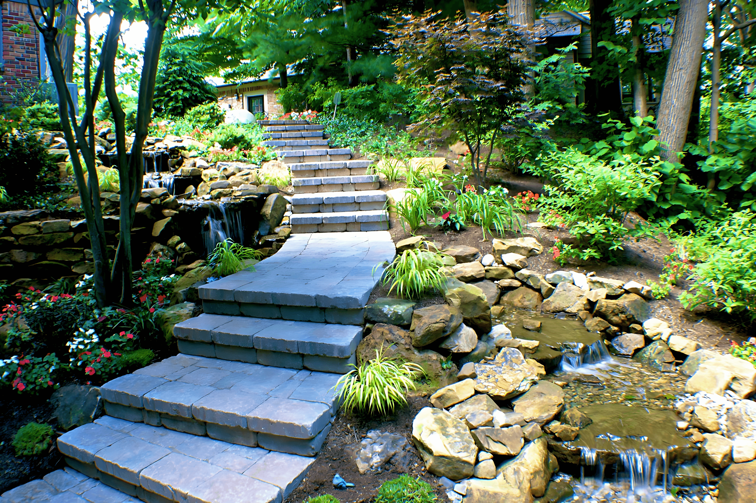 Stone steps lead through a lush garden with small waterfalls and rocks, surrounded by various plants and trees.