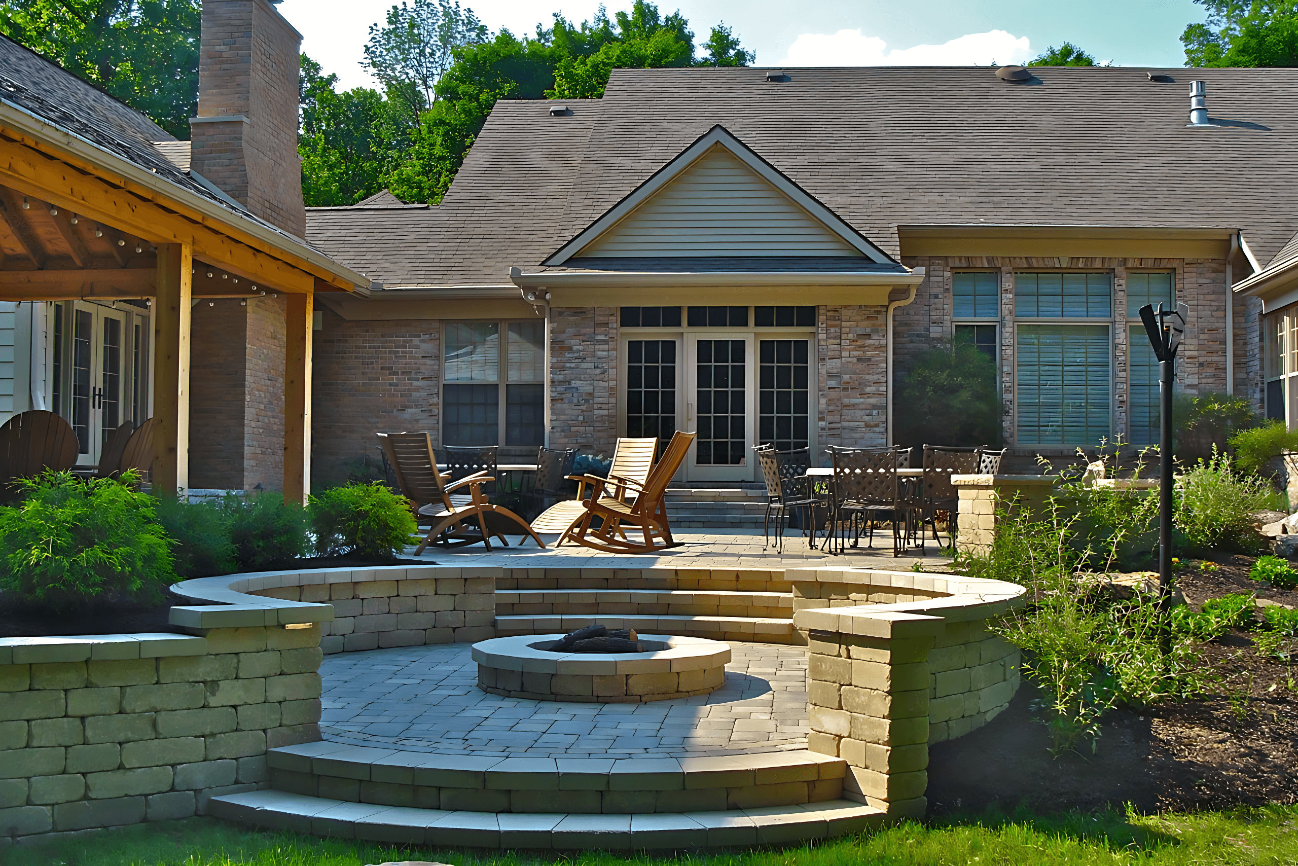 Brick house with a backyard patio featuring wooden chairs, a table, tiered stone seating, and a central round fire pit, surrounded by greenery.