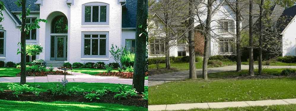 Two images of houses: Left shows a white house with a landscaped garden, trees, and pathway. Right shows a different angle of a similar house with trees and a sidewalk.