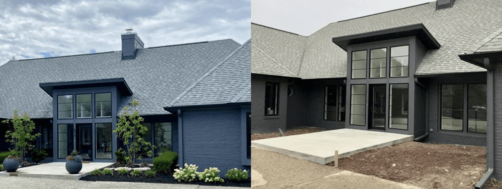 Side-by-side images of a gray brick house before and after exterior renovation, showing updated paint and landscaping.