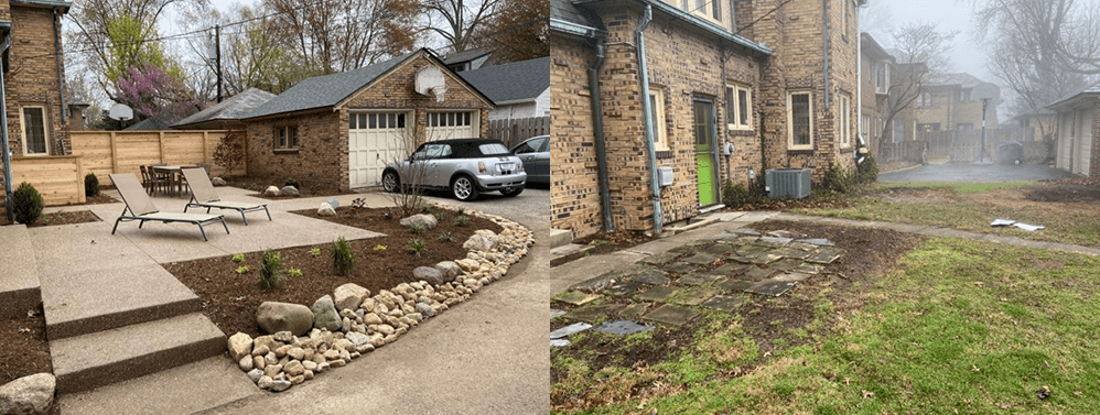 Side-by-side comparison of a backyard before and after renovation, showing significant landscaping improvements with new patio, plants, and seating area.