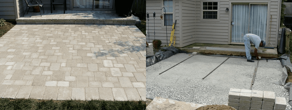 Side-by-side images of a backyard: left shows completed stone patio, right shows patio construction with a person working.