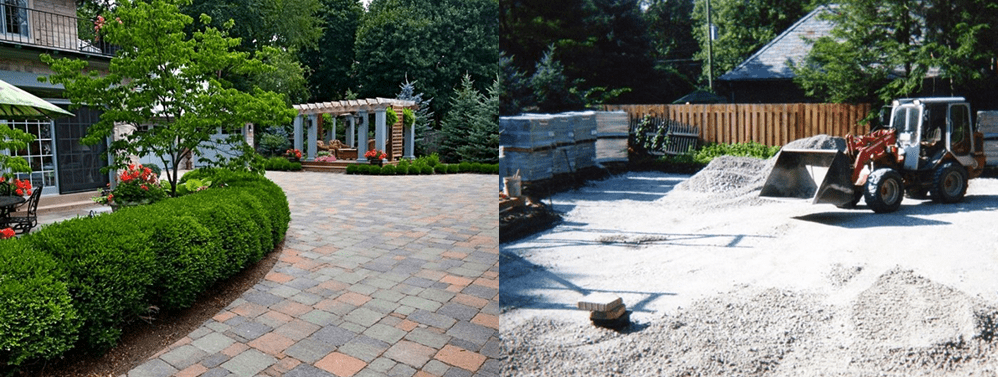Left: A landscaped garden with brick paving and greenery. Right: Construction site with gravel piles and a small vehicle.