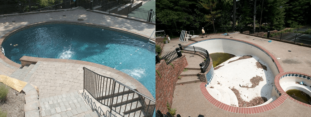 Side-by-side images of a swimming pool: left shows a filled, clean pool; right shows an empty, neglected pool with debris.
