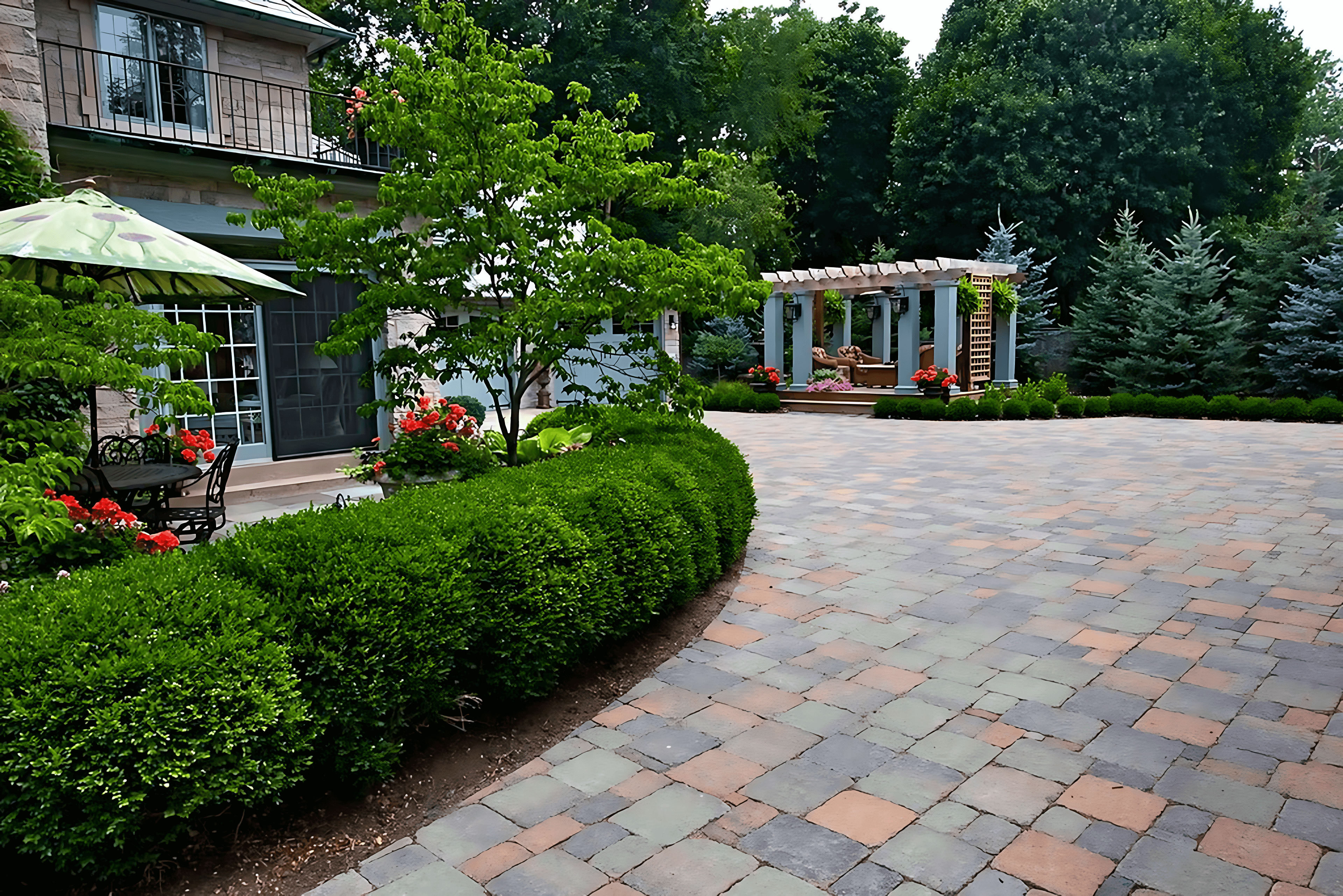 Stone-paved patio with outdoor seating, a pergola, and surrounding greenery, including shrubs and trees. A house with a large window and patio furniture is visible on the left.