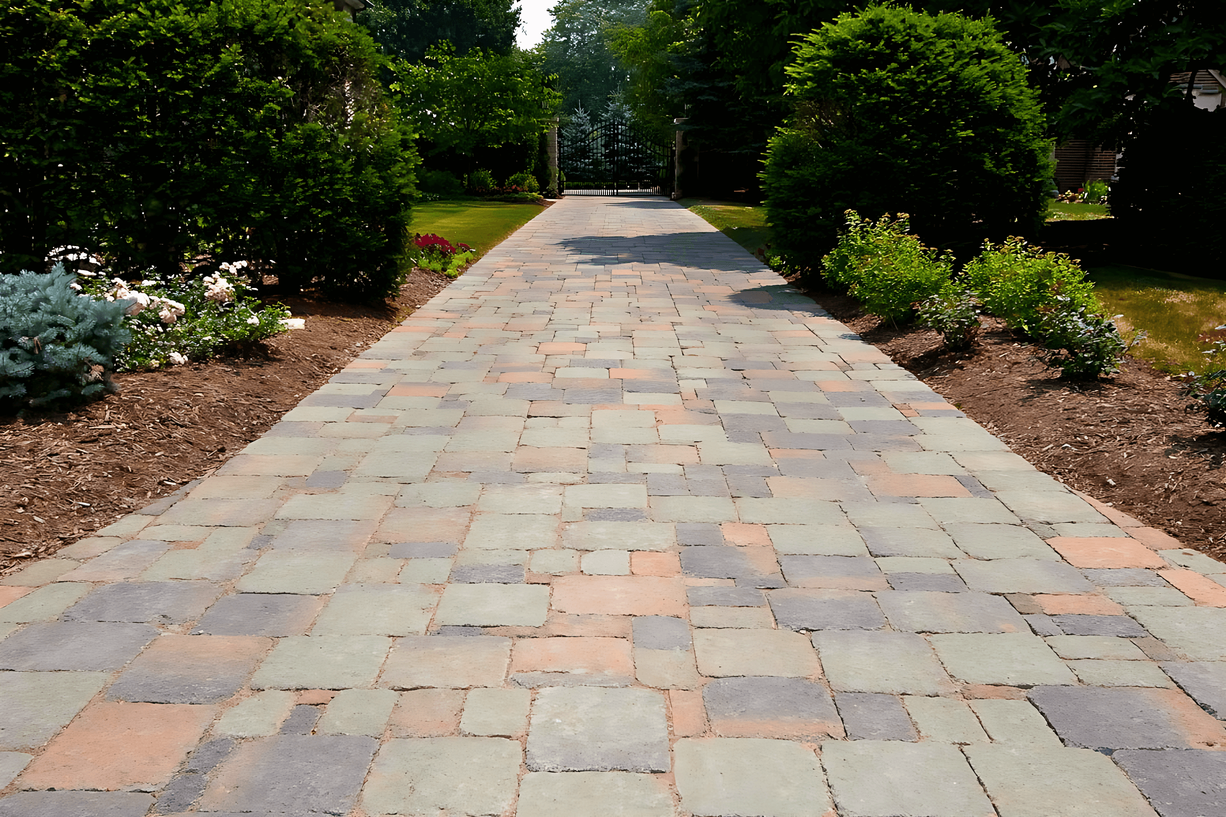 A cobblestone path lined with hedges and flowers leads through a garden under a sunny sky.