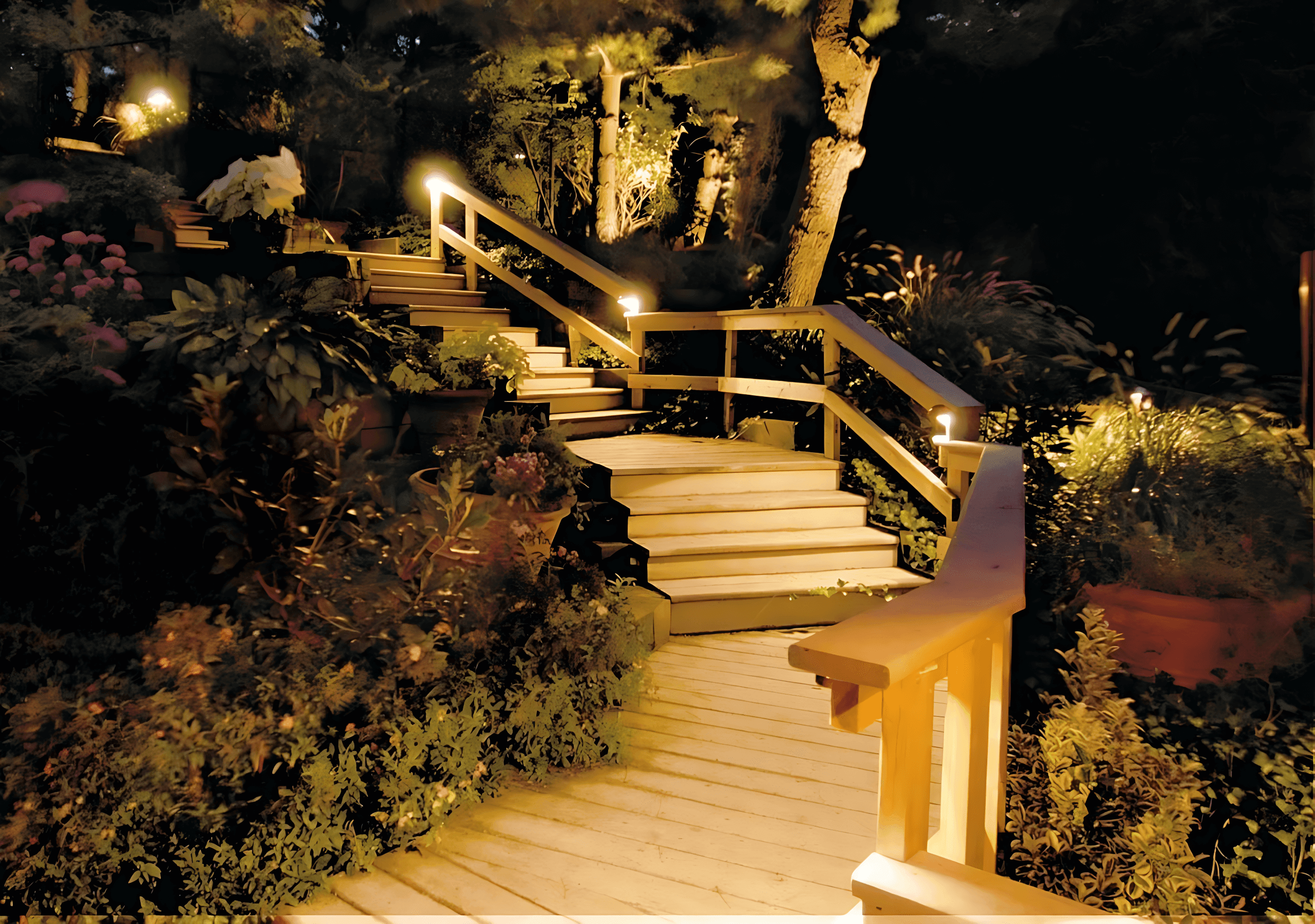 Illuminated wooden staircase with railings surrounded by lush greenery, ascending through a garden at night.