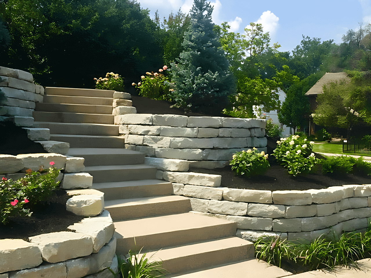 Stone stairs with flower beds on both sides, leading up through terraced landscaping with greenery and a small tree, under a partly cloudy sky.
