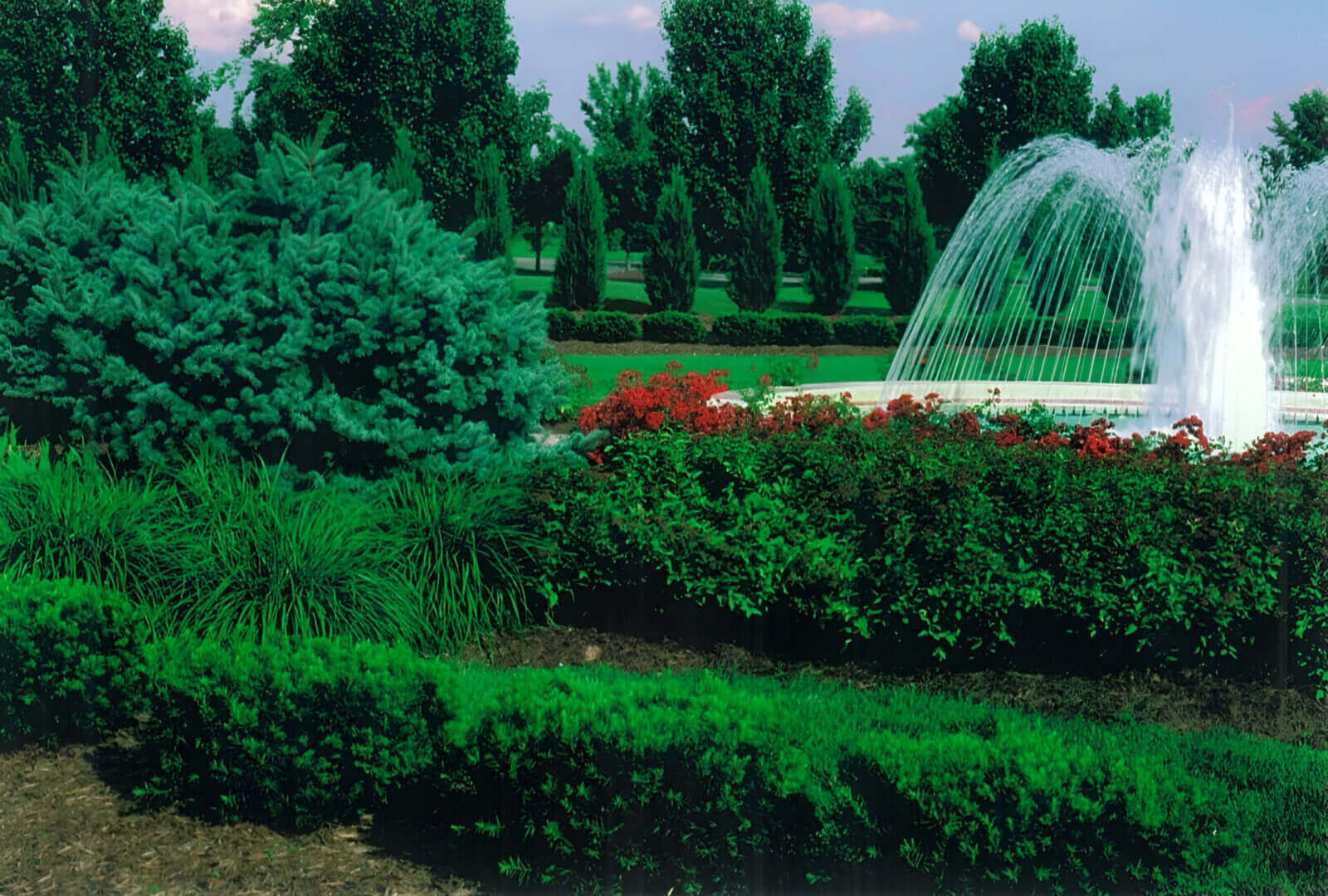 A landscaped garden featuring a large fountain with arching water surrounded by green bushes, trees, and red flowering plants.